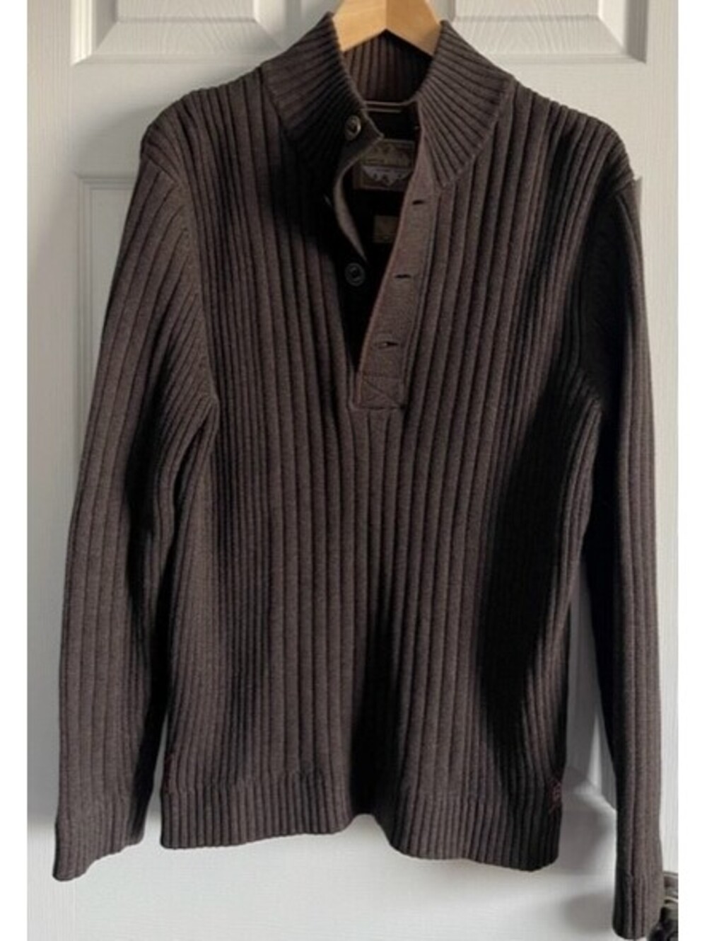 Eddie Bauer Sport Shop Sweater 1/4 Button Ribbed Mens M Dark Brown Mock Neck EUC